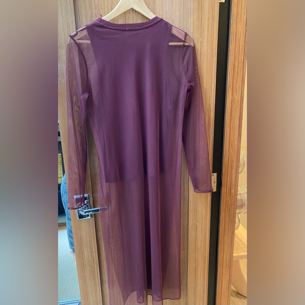 Sheer burgundy duster with sewn-in tank top.